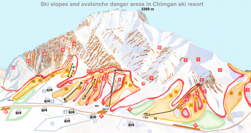 Ski slopes and avalanche danger areas in Chimgan ski resort